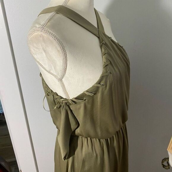 Guess Los Angeles Olive Green Satin Cold Shoulder Dress Size M Party Cocktail - Picture 4 of 8